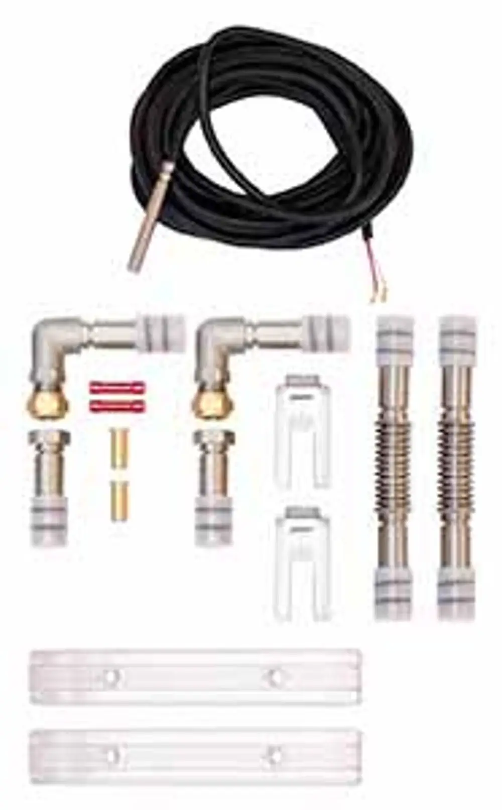 Vaillant Anschluss-Set mit verschiedenen Verbindungsstücken und einem Kabel, geeignet für den integrierten Einsatz mit zwei vertikalen Kollektoren.